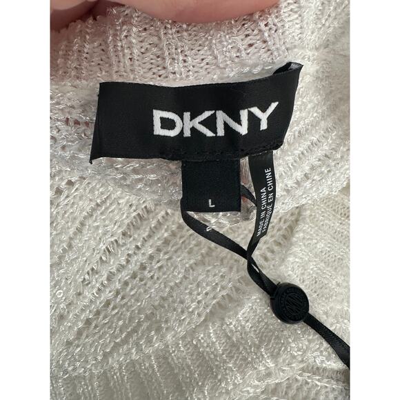DKNY ivory metallic white crochet long sleeves tunic sweater size Large - Picture 3 of 10